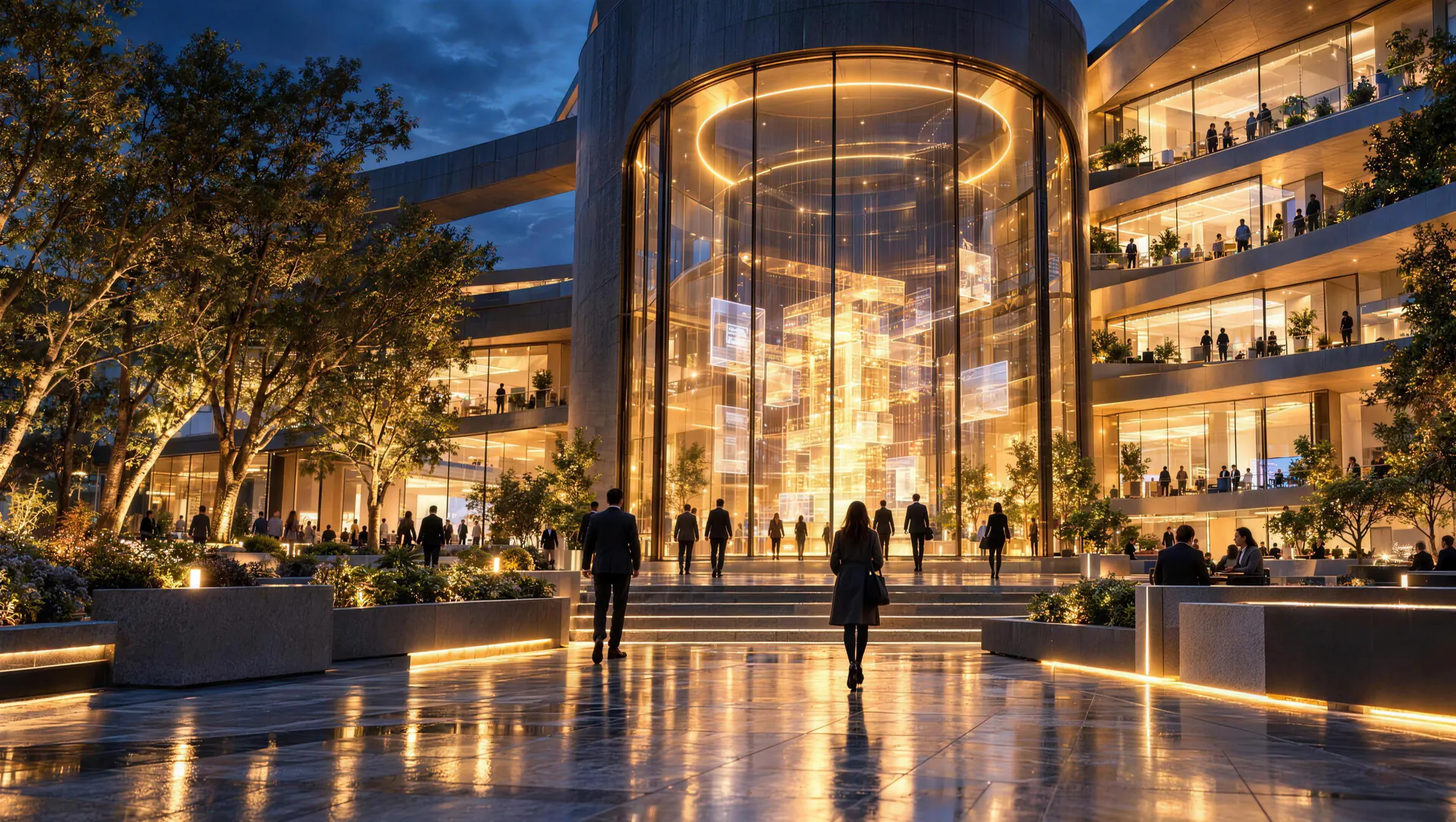 A glass atrium at night. Inside, a tower of lit glass panels rises from the floor while people walk up the steps toward it.