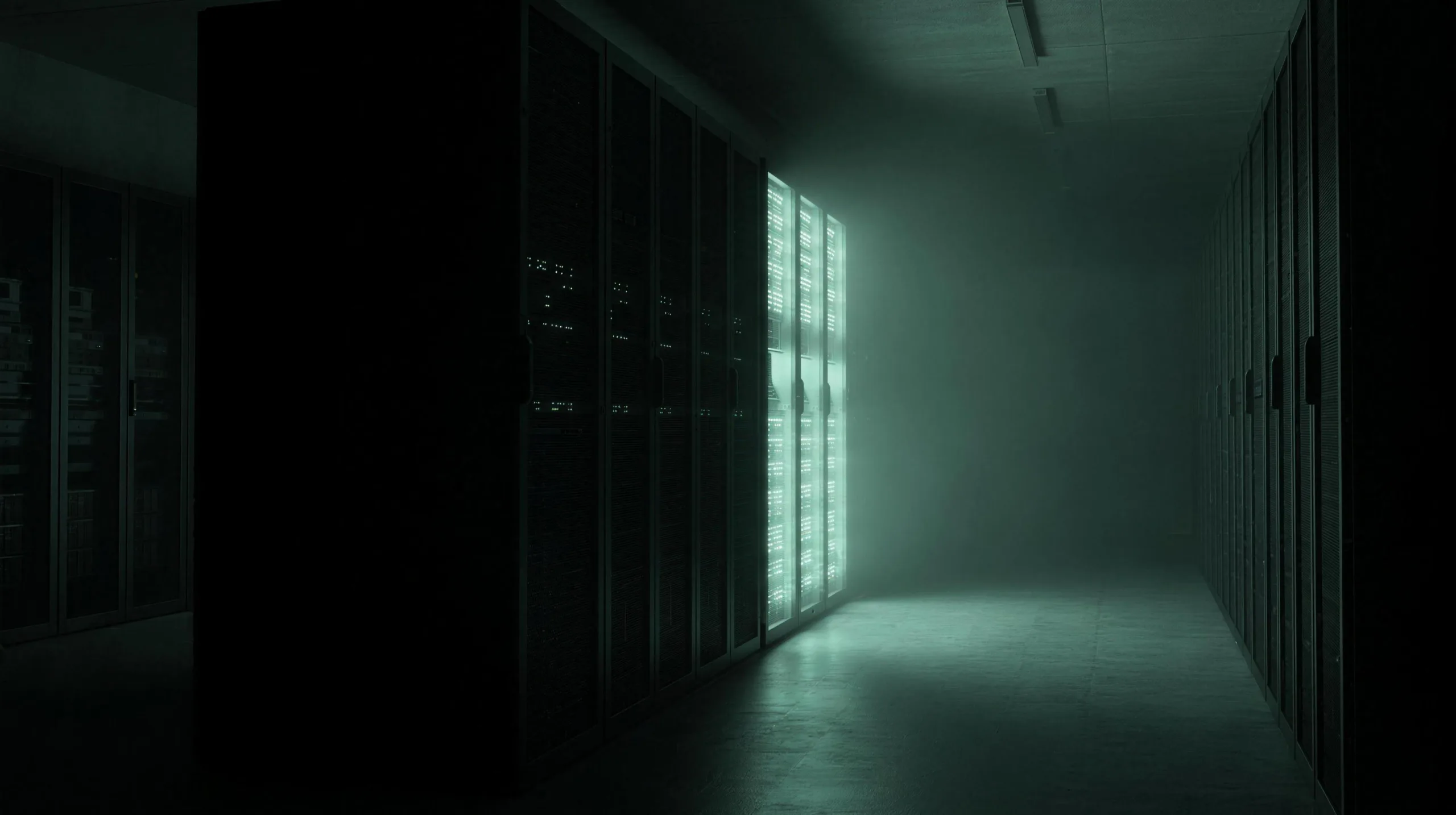 A private server room — rack cabinets glowing pale green down a dark corridor