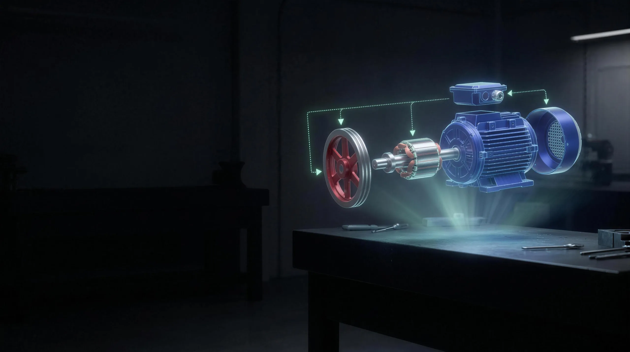 A holographic exploded 3-D model of an electric motor assembly projected above a workshop bench