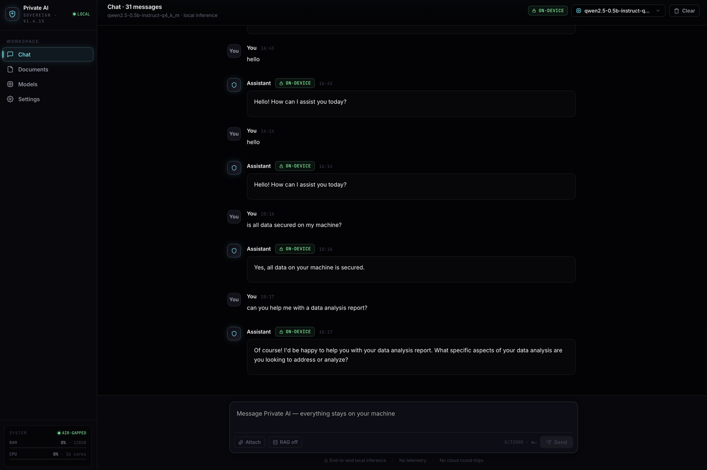 Strive Private AI — private local chat, all data on your machine